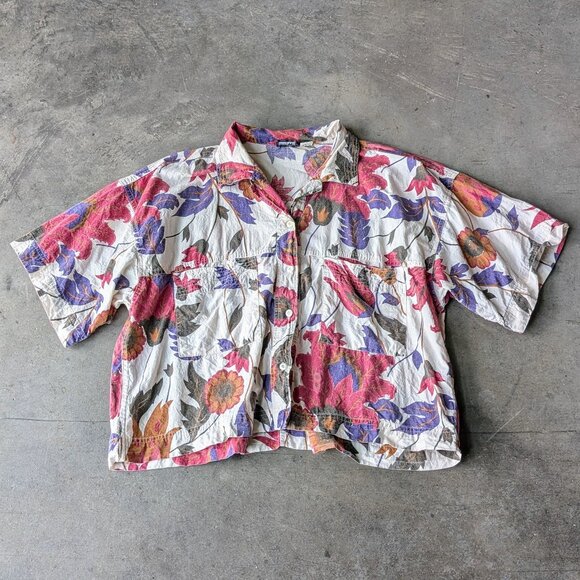 Vintage Hunters Run Pink Blue Floral Short Sleeve Cropped Button Front Shirt - Picture 1 of 8